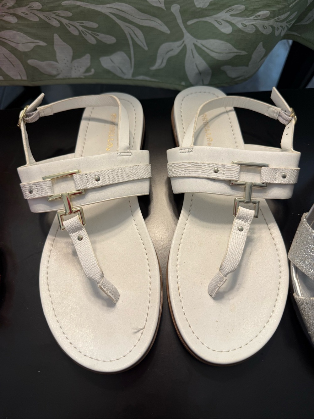 Women's White T-Strap Sandal with Gold Accent